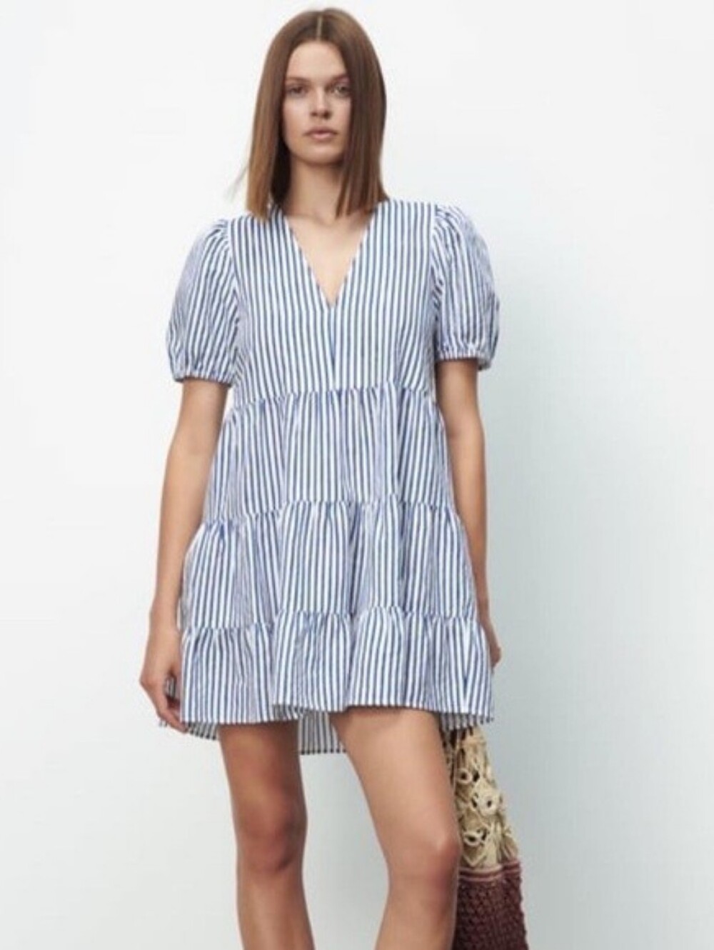 Zara Blue and White Striped Tiered V-Neck Dress